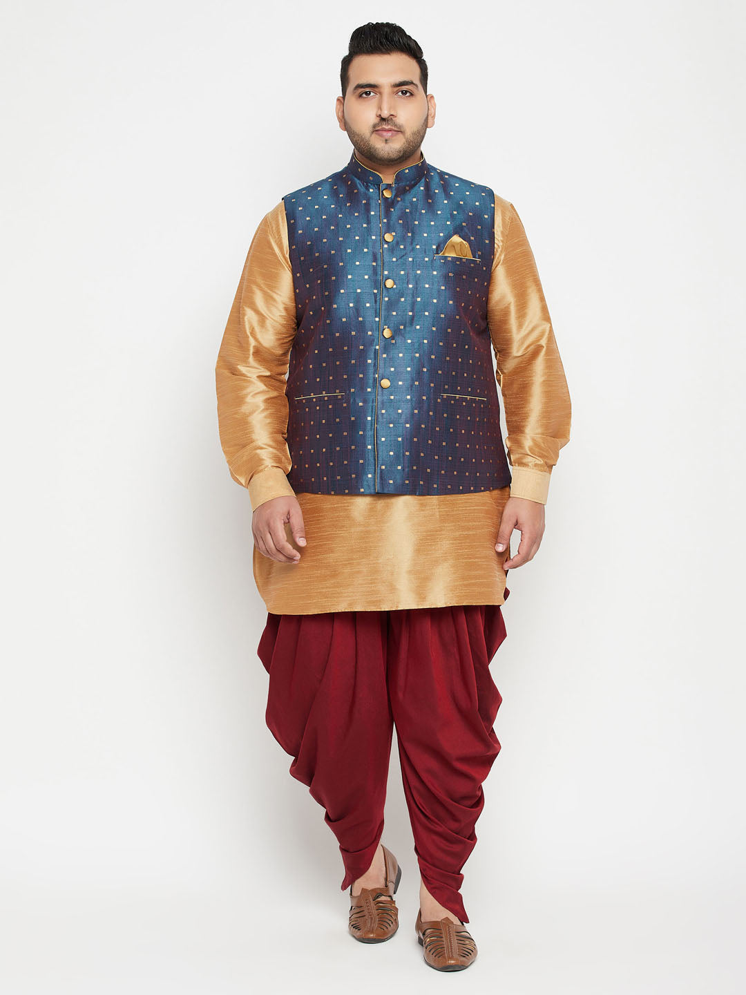 Men's Plus Rose Gold, Blue And White Silk Blend Jacket Kurta Pyjama Set - Vastramay