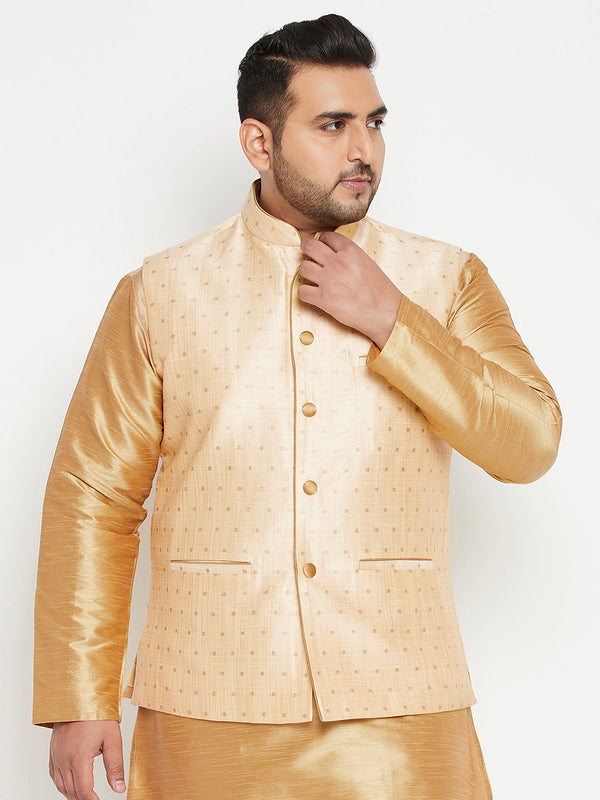 Jashvi Men's Plus Size Gold Zari Weaved Nehru Jacket