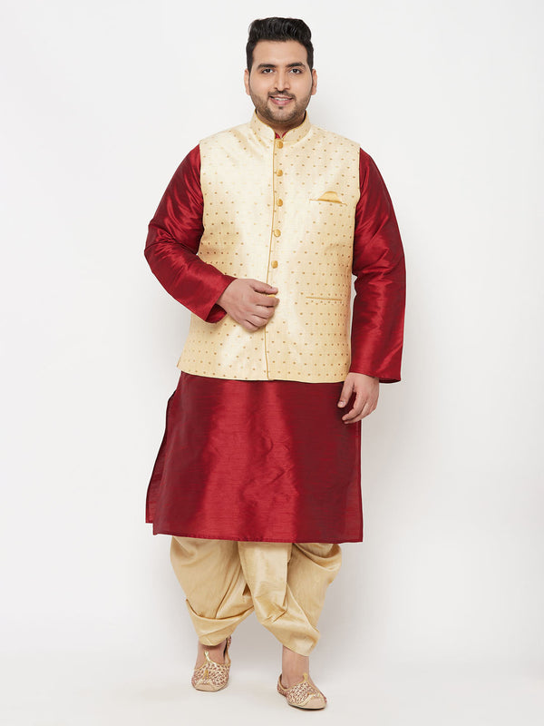 Jashvi PLUS Men's Gold Zari Weaved Nehru Jacket With Kurta Dhoti set