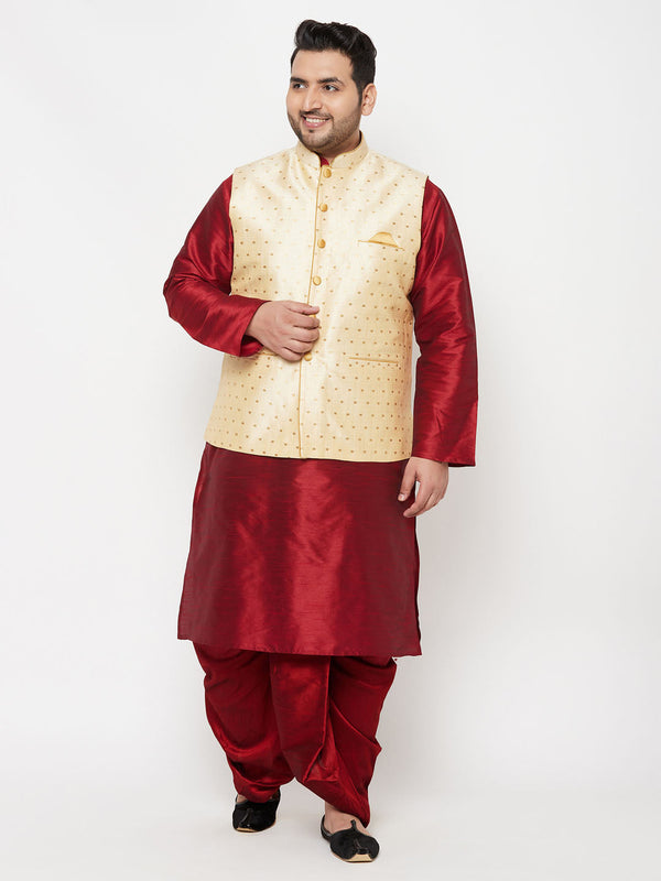 Jashvi PLUS Men's Gold Zari Weaved Nehru Jacket With Kurta Dhoti set