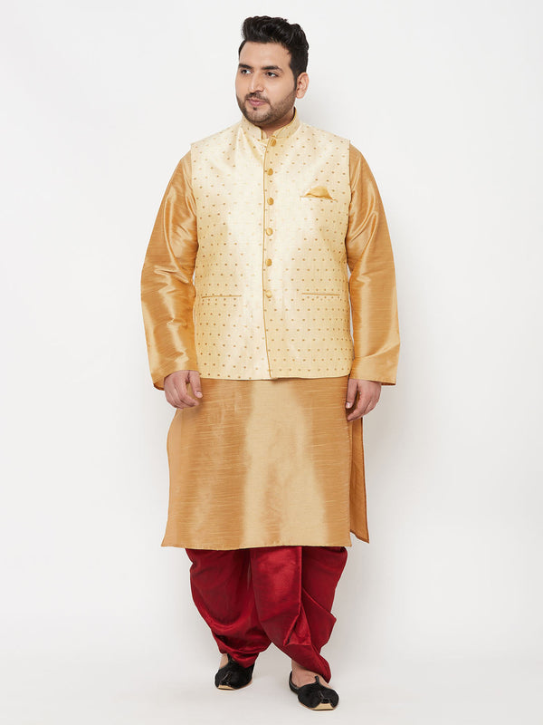 Jashvi PLUS Men's Gold Zari Weaved Nehru Jacket With Kurta Dhoti set