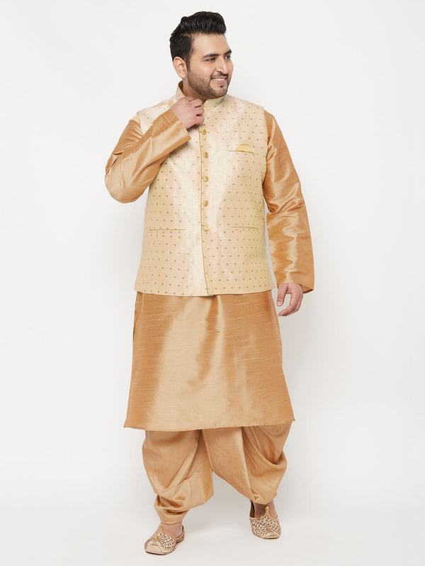 Jashvi PLUS Men's Gold Zari Weaved Nehru Jacket With Kurta Dhoti set