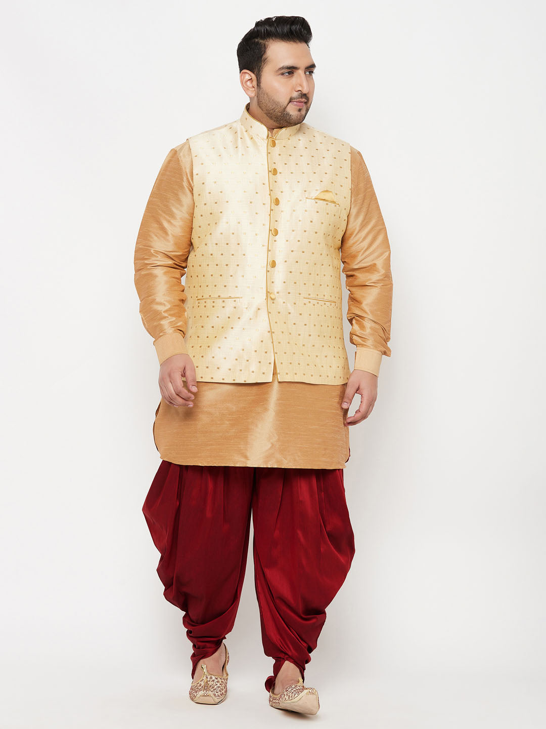 Men's Plus Rose Gold, Gold And White Silk Blend Jacket Kurta Pyjama Set - Vastramay