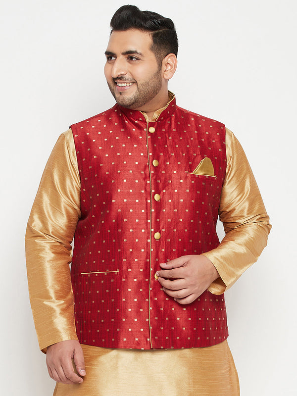 Jashvi Men's Plus Size Maroon Zari Weaved Nehru Jacket