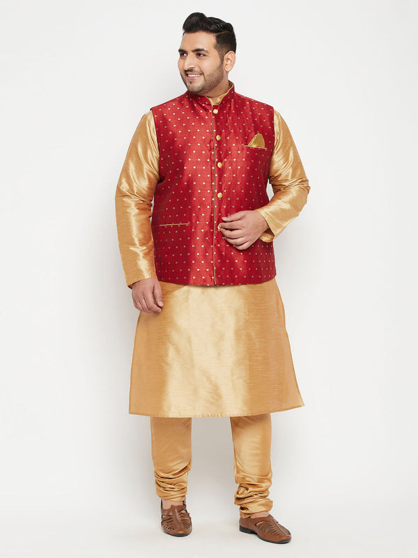 Jashvi Men's Plus Size Maroon Zari Weaved Nehru Jacket With Kurta Pyjama set