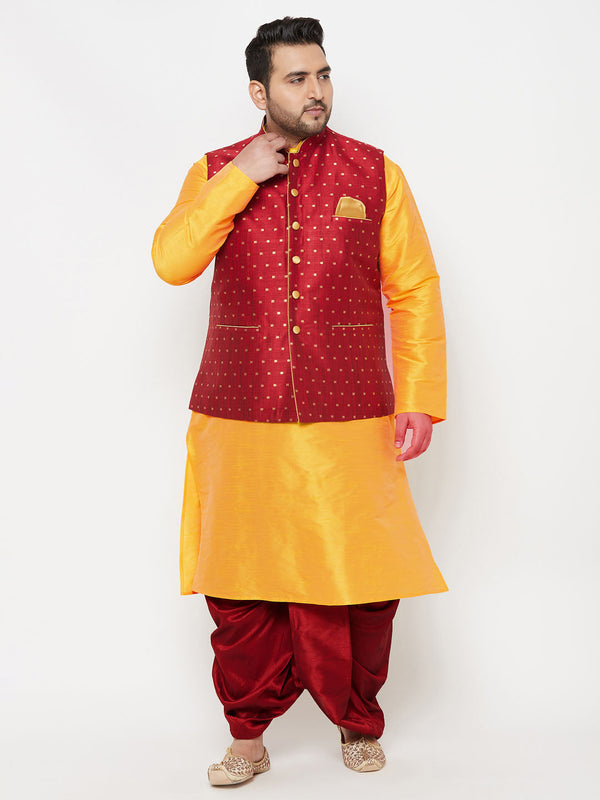 Jashvi PLUS Men's Maroon Zari Weaved Nehru Jacket With Kurta Dhoti set