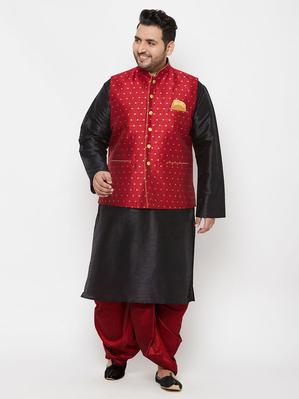 Jashvi PLUS Men's Maroon Zari Weaved Nehru Jacket With Kurta Dhoti set