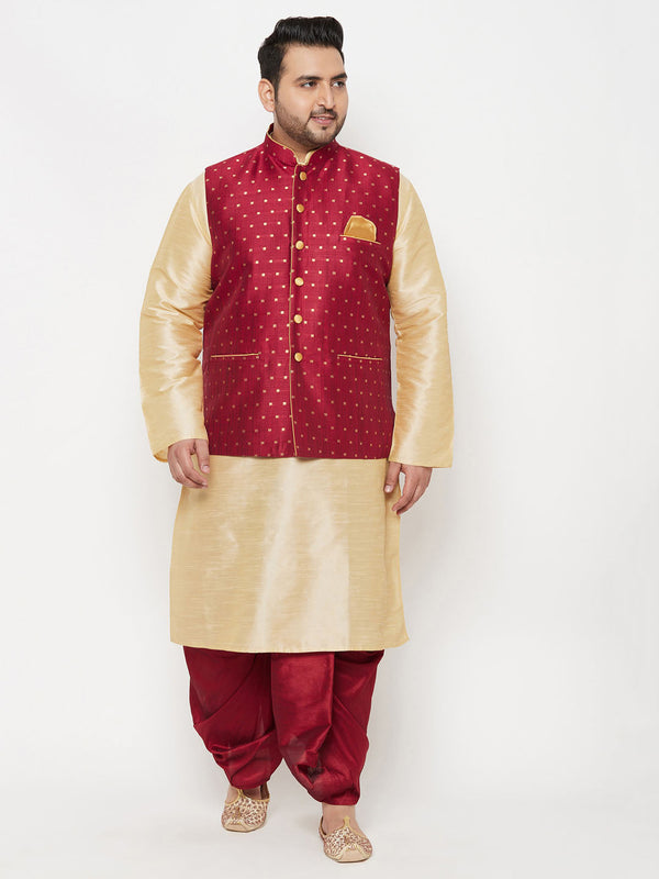 Jashvi PLUS Men's Maroon Zari Weaved Nehru Jacket With Kurta Dhoti set