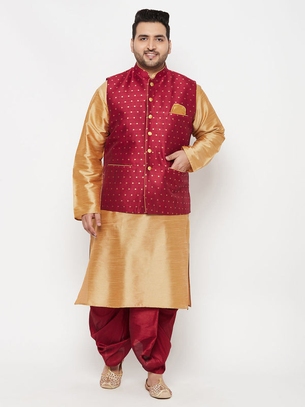 Jashvi PLUS Men's Maroon Zari Weaved Nehru Jacket With Kurta Dhoti set