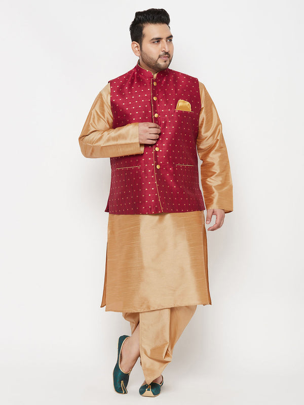 Jashvi PLUS Men's Maroon Zari Weaved Nehru Jacket With Kurta Dhoti set