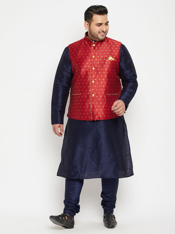 Jashvi Men's Plus Size Maroon Zari Weaved Nehru Jacket With Kurta Pyjama set