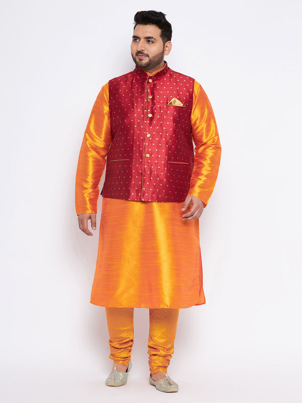 Jashvi Men's Plus Size Maroon Zari Weaved Nehru Jacket With Kurta Pyjama set