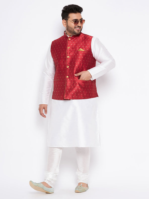 Jashvi Men's Plus Size Maroon Zari Weaved Nehru Jacket With Kurta Pyjama set