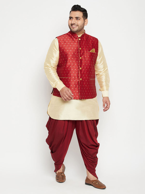 Jashvi Men's Plus Size Gold Zari Weaved Nehru Jacket With Curved Kurta Dhoti set