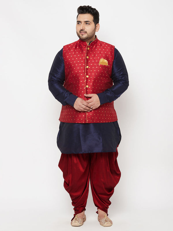 Jashvi Men's Plus Size Gold Zari Weaved Nehru Jacket With Curved Kurta Dhoti set