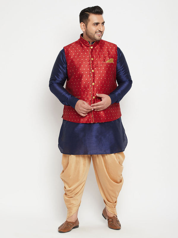 Jashvi Men's Plus Size Maroon Zari Weaved Nehru Jacket With Curved Kurta Dhoti set