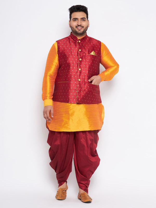 Jashvi Men's Plus Size Maroon Zari Weaved Nehru Jacket With Curved Kurta Dhoti set