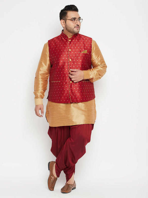 Jashvi Men's Plus Size Rose Gold Zari Weaved Nehru Jacket With Curved Kurta Dhoti set