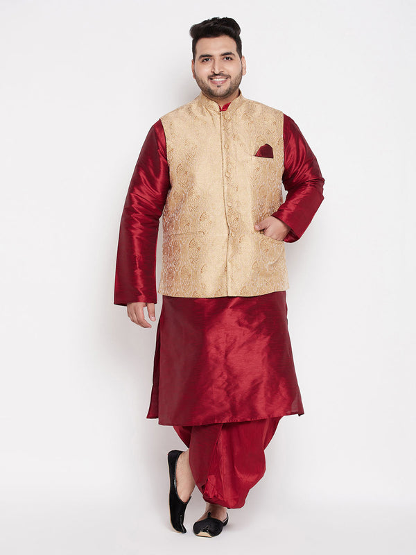 Jashvi Men's Plus Size Rose Gold Brocade Silk Blend Jacket And Maroon Kurta With Pleated Dhoti Set