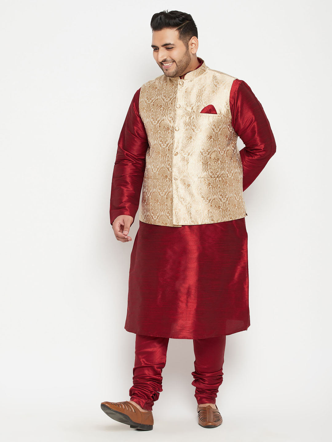 Men's Plus Maroon, Rose Gold And White Silk Blend Jacket Kurta Pyjama Set - Vastramay