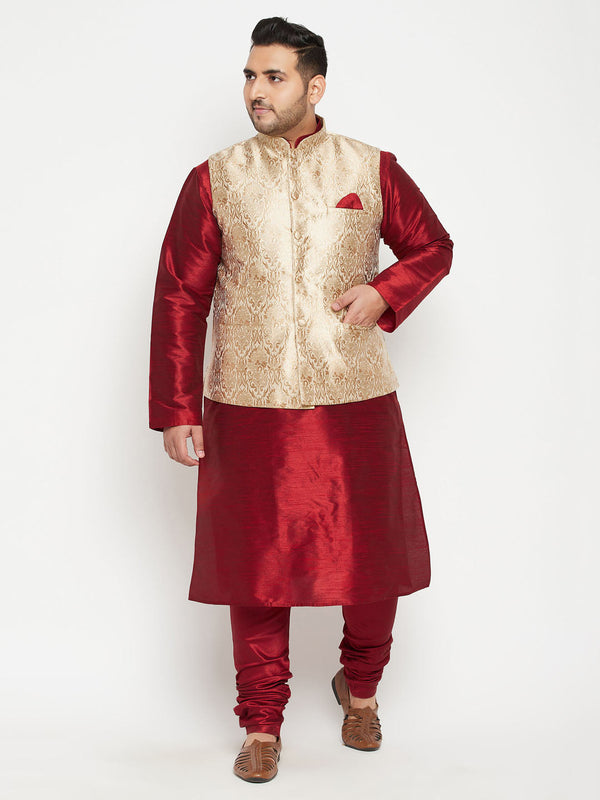 Jashvi Men's Plus Size Maroon and Rose Gold Brocade Silk Blend Jacket Kurta Pyjama Set