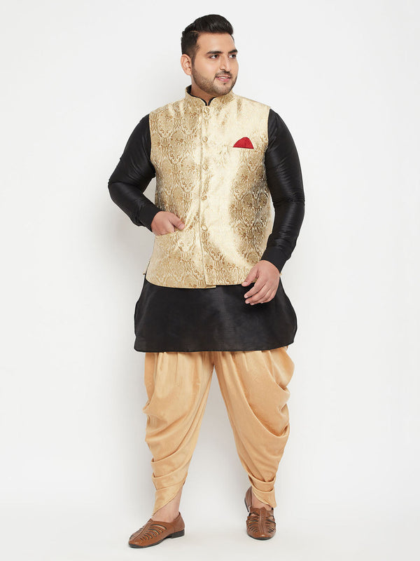 Jashvi Men's Plus Size Rose Gold and Black Silk Blend Jacket Kurta Dhoti Pant Set