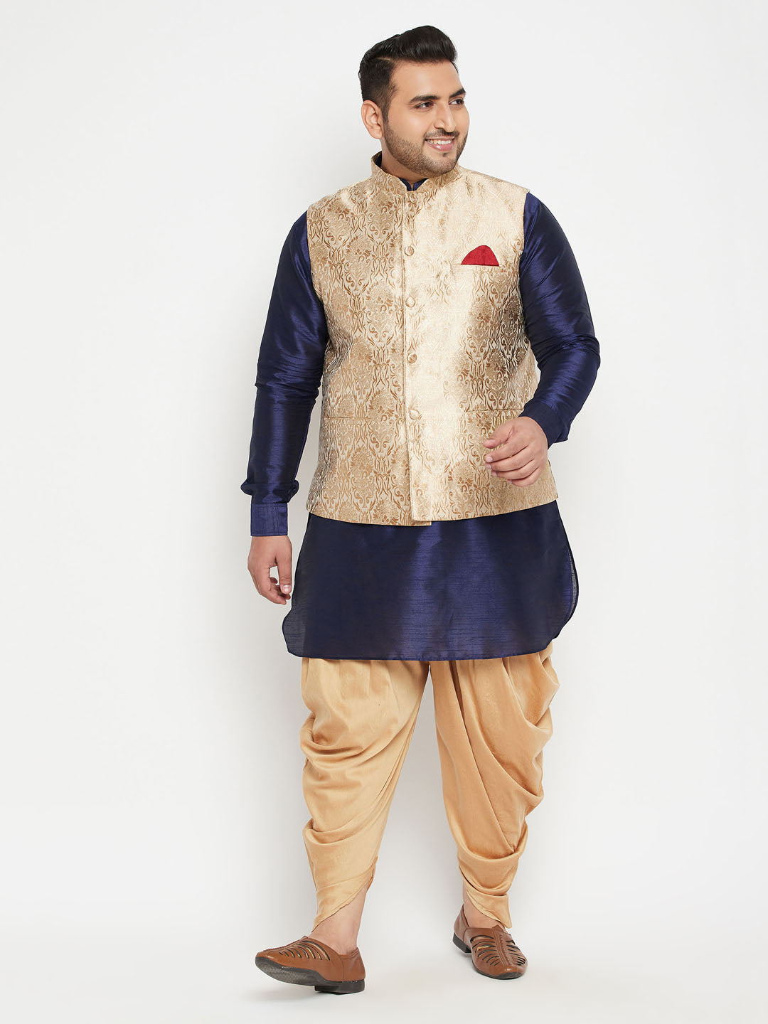 Men's Plus Navy Blue, Rose Gold And White Silk Blend Jacket Kurta Pyjama Set - Vastramay