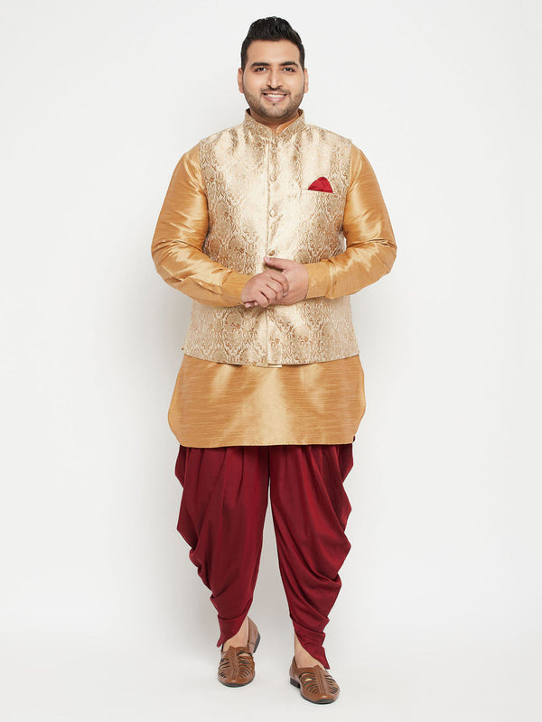 Jashvi Men's Plus Size Rose Gold Brocade Silk Blend Jacket Kurta Dhoti Pant Set