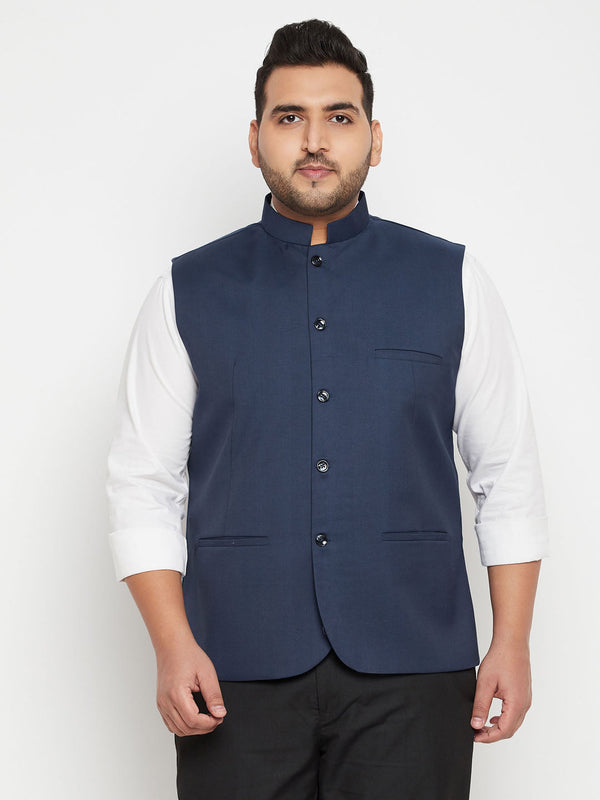 Jashvi Men's Plus Size Blue Cotton Blend Nehru Jacket