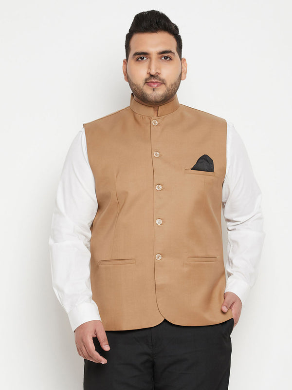 Jashvi Men's Plus Size Chiku Brown Cotton Blend Nehru Jacket