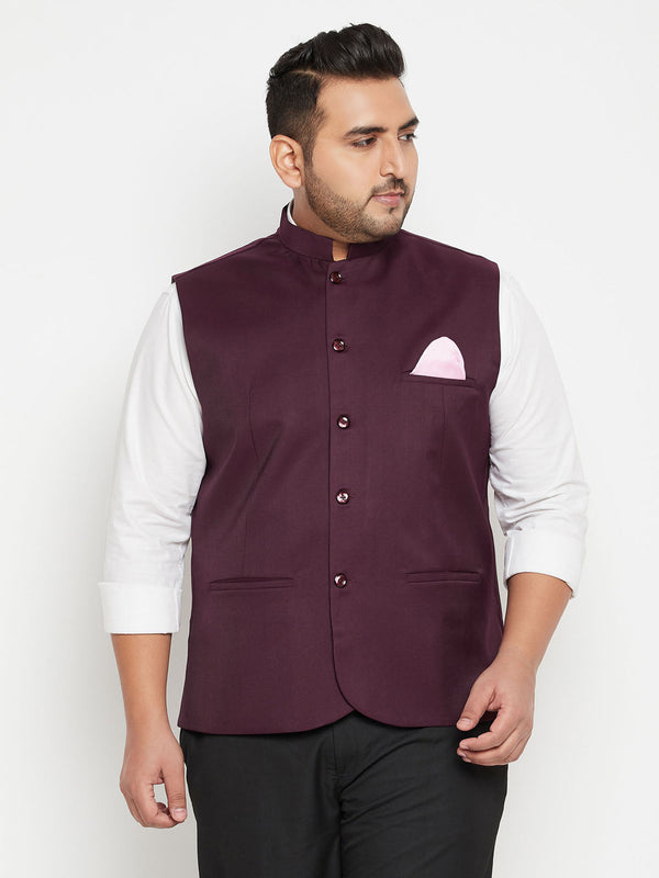 Jashvi Men's Plus Size Maroon Cotton Blend Nehru Jacket