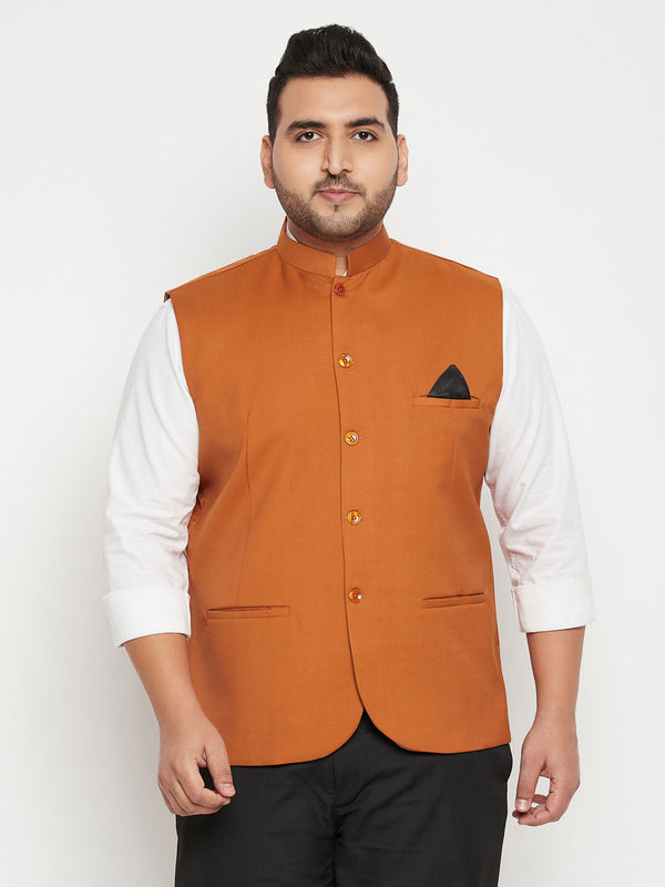 Jashvi Men's Plus Size Orange Cotton Blend Nehru Jacket