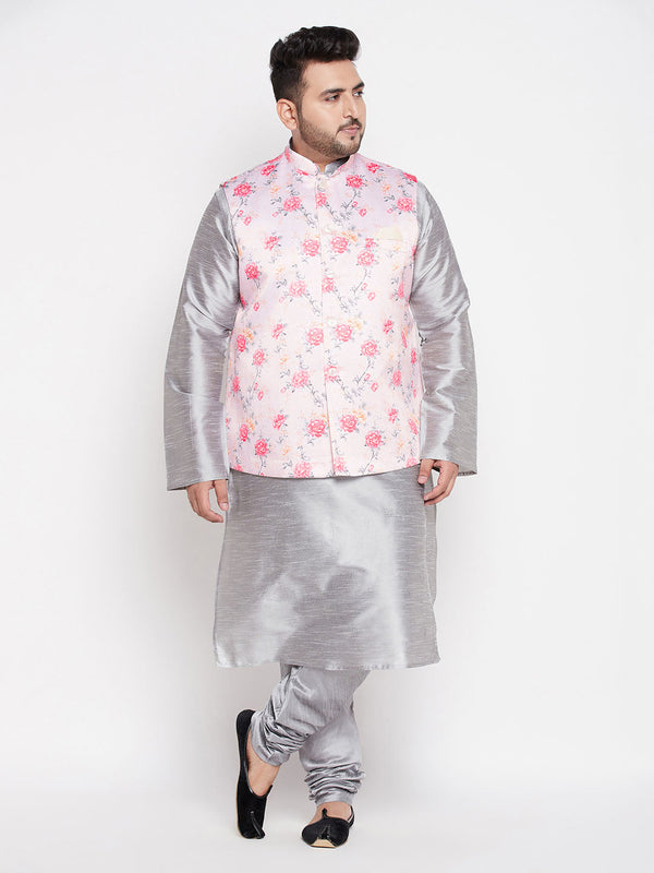 Jashvi Men's Plus Size Peach Floral printed Jacket With Grey Solid Kurta Pyjama Set