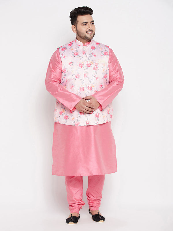 Jashvi Men's Plus Size Peach Floral printed Jacket With Pink Solid Kurta Pyjama Set