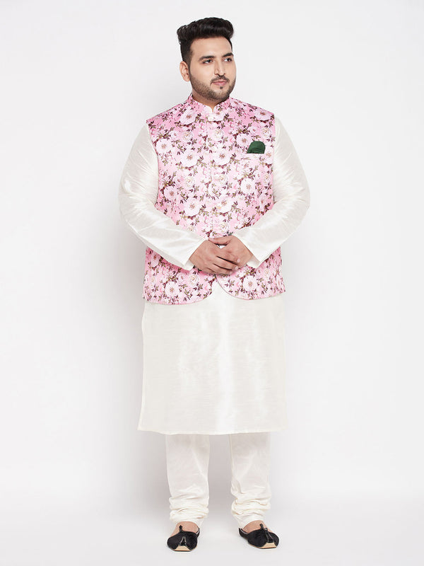 Jashvi Men's Plus Size Pink Floral printed Jacket With Cream Solid Kurta Pyjama Set