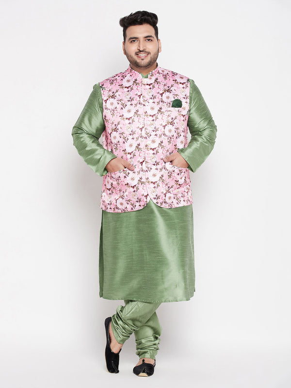 Jashvi Men's Plus Size Pink Floral printed Jacket With Mint Green Solid Kurta Pyjama Set