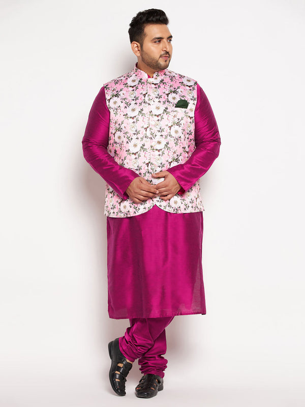 Jashvi Men's Plus Size Pink Floral printed Jacket With Fuchsia Solid Kurta Pyjama Set