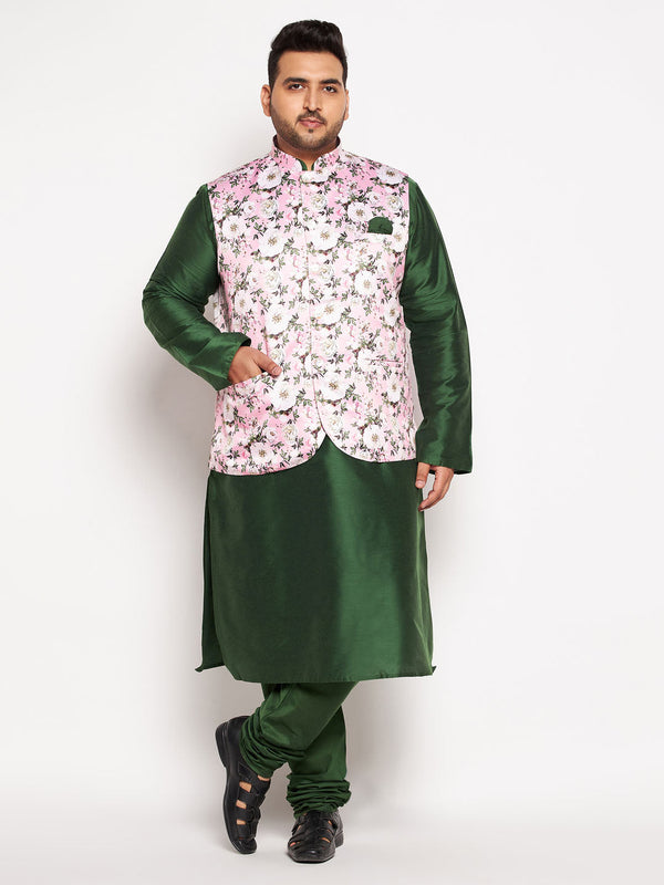 Jashvi Men's Plus Size Pink Floral printed Jacket With Viscose Green Solid Kurta Pyjama Set