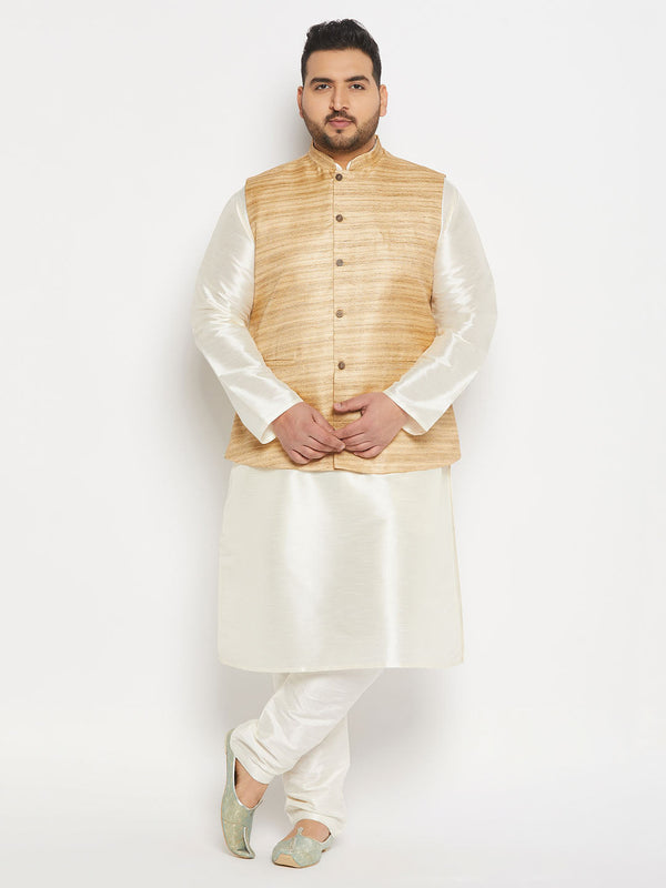 Jashvi Men's Plus Size Beige Matka Silk Nehru Jacket With Cream Silk Blend Kurta andPant style Pyjama Set