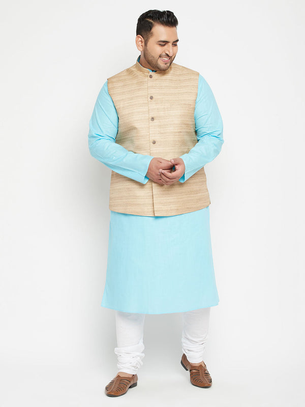 Jashvi Men's Plus Size Aqua and Beige Cotton Blend Jacket Kurta Pyjama Set