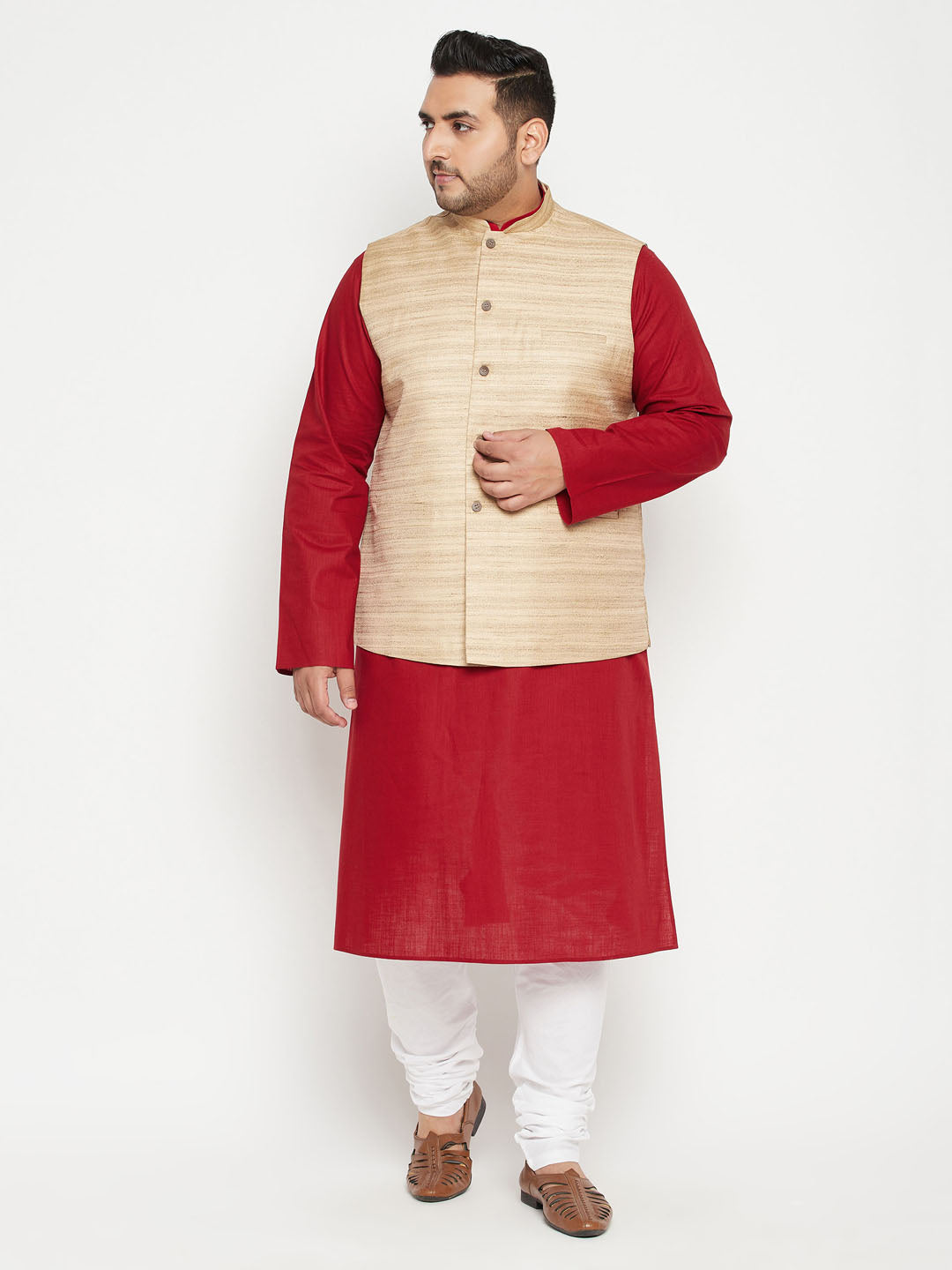 Men's Plus Maroon, Beige And White Cotton Blend Jacket Kurta Pyjama Set - Vastramay