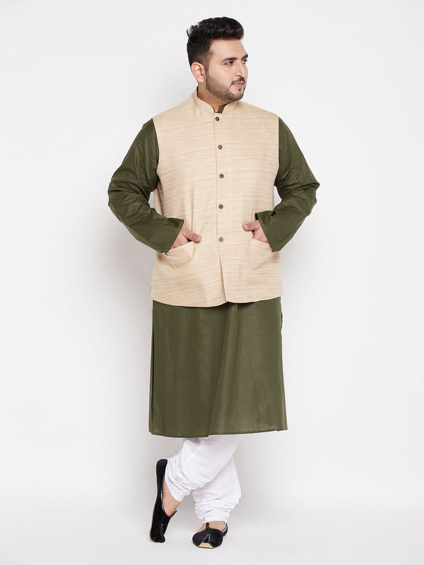 Jashvi Men's Plus Size Beige Solid Jacket With Mint Green Solid Kurta And White Pyjama Set