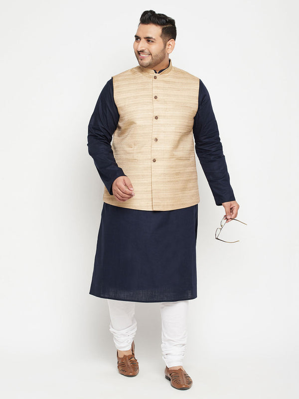 Jashvi Men's Plus Size Navy Blue and Beige Cotton Blend Jacket Kurta Pyjama Set