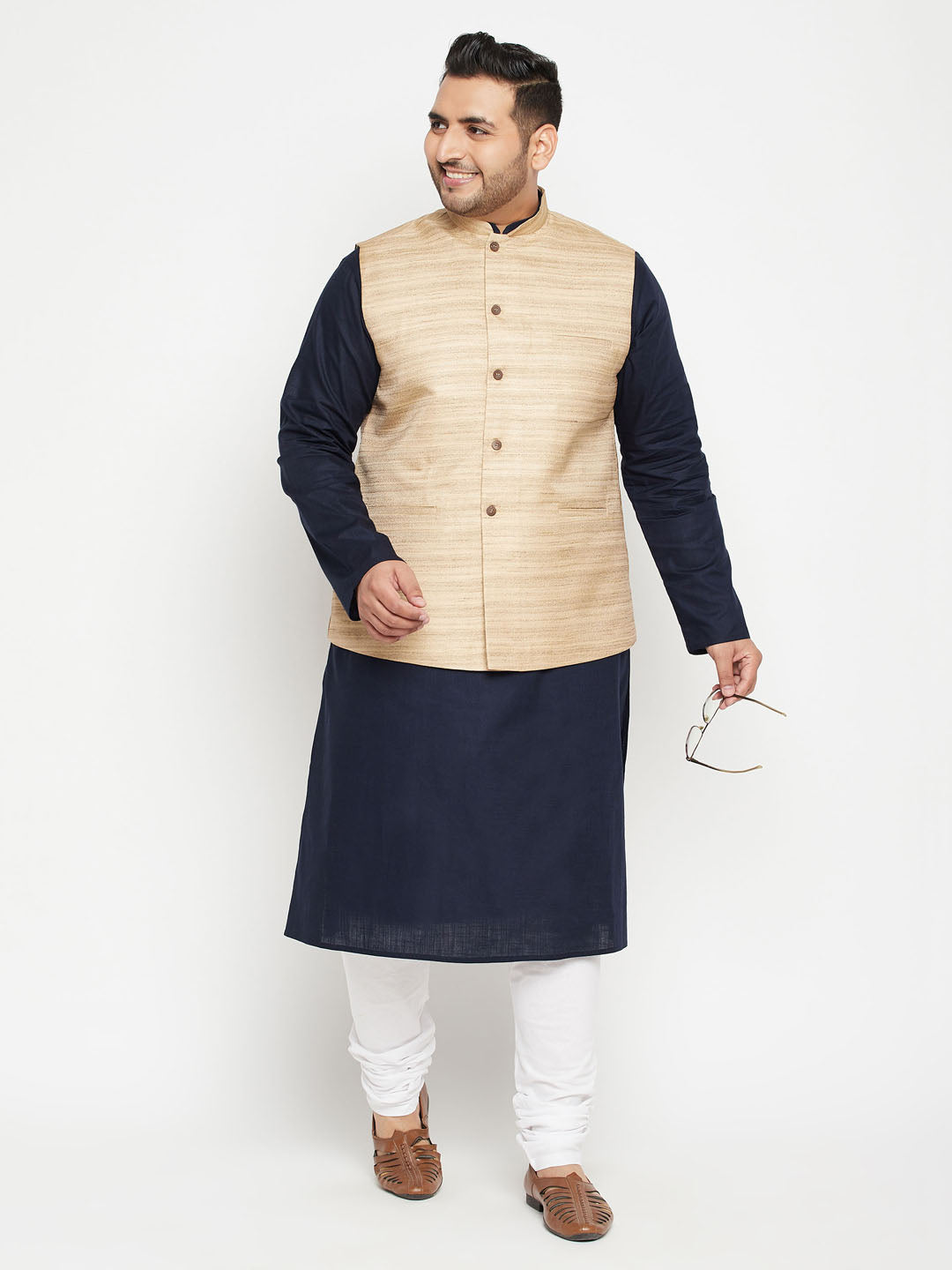 Men's Plus Navy Blue, Beige And White Cotton Blend Jacket Kurta Pyjama Set - Vastramay