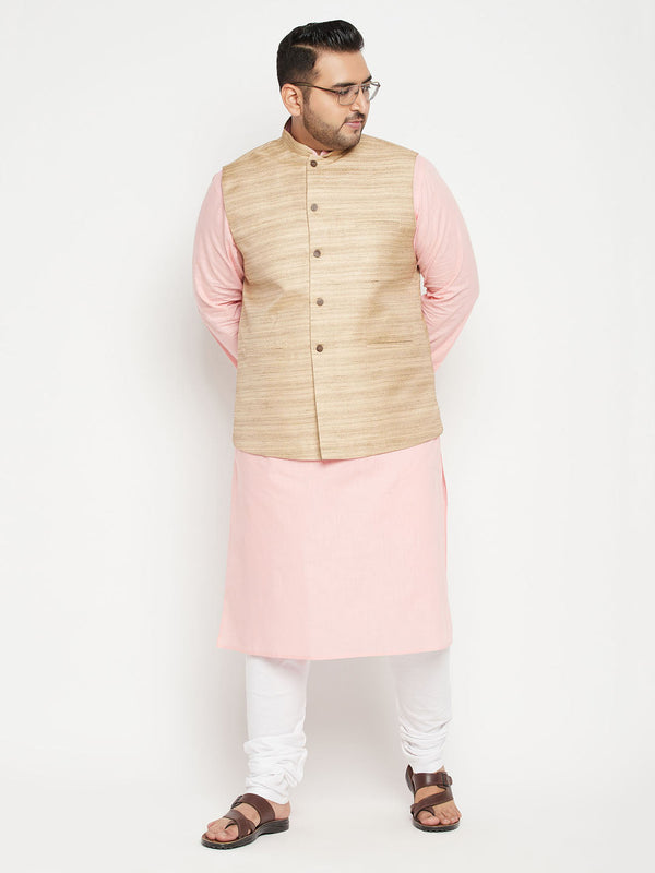 Jashvi Men's Plus Size Pink Kurta And White Pyjama Set With Beige Nehru Jacket