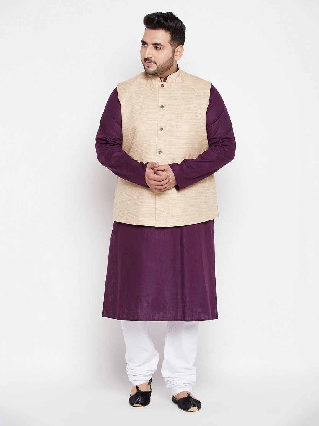 Men's Plus Purple, Beige And White Cotton Blend Jacket Kurta Pyjama Set - Vastramay