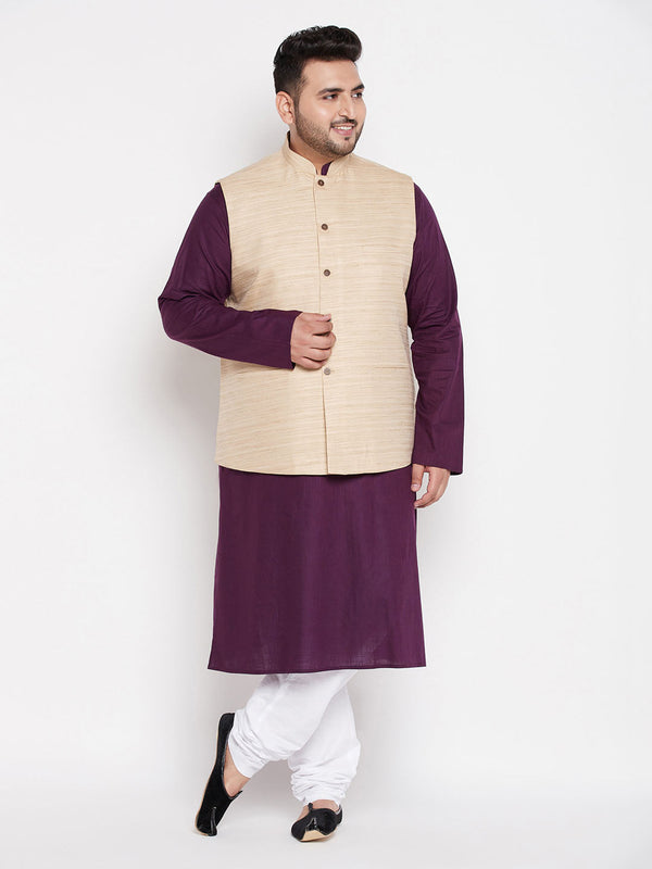 Jashvi Men's Plus Size Beige Solid Jacket With Purple Solid Kurta And White Pyjama Set