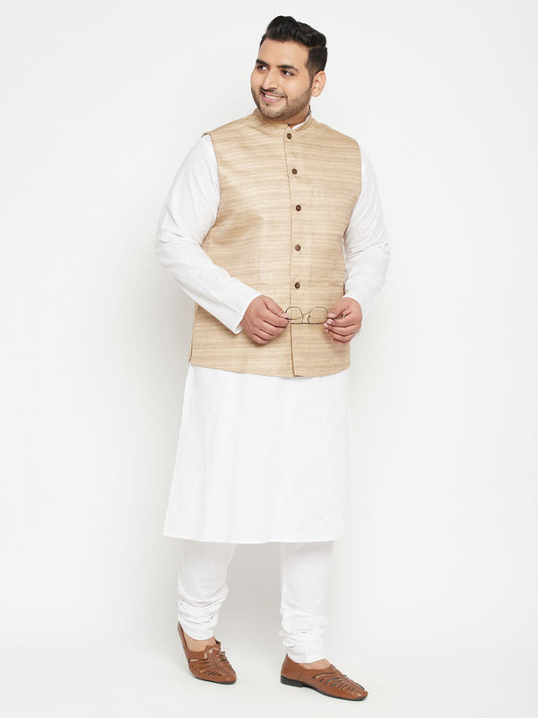 Jashvi Men's Plus Size White and Beige Cotton Blend Jacket Kurta Pyjama Set