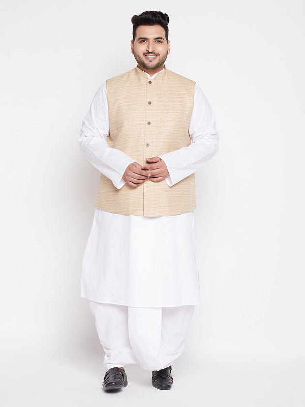 Jashvi Men's Plus Size Beige Cotton Blend Jacket With White Kurta And Dhoti Set