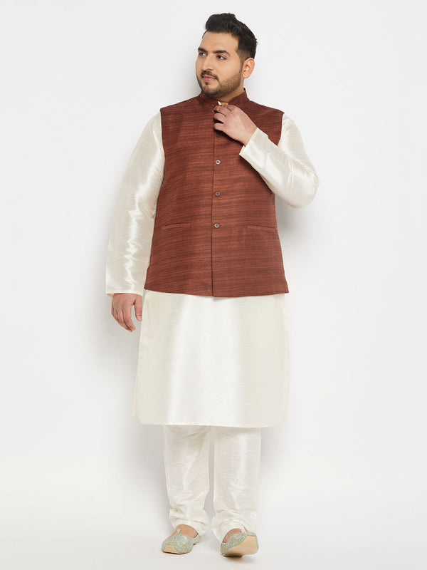 Jashvi Men's Plus Size Coffee Matka Silk Nehru Jacket With Cream Silk Blend Kurta and Pant style Pyjama Set